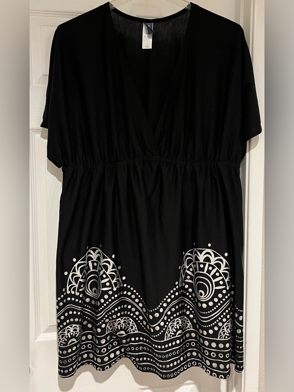 Black Short-Sleeve Cover-up with Mandala Border